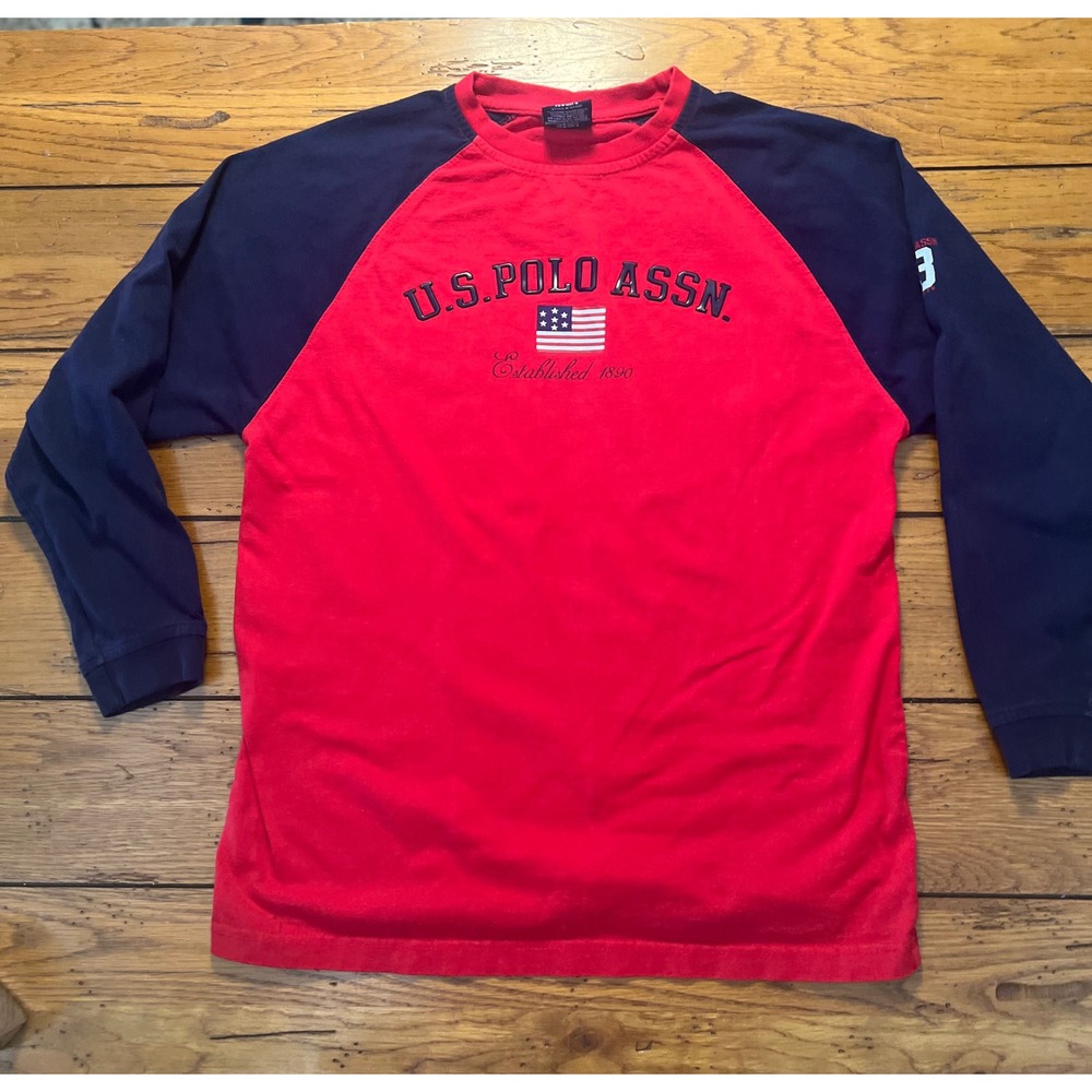 US Polo Assn Mens Long Sleeve Raglan T-Shirt Red Navy Blue Flag Graphic Large